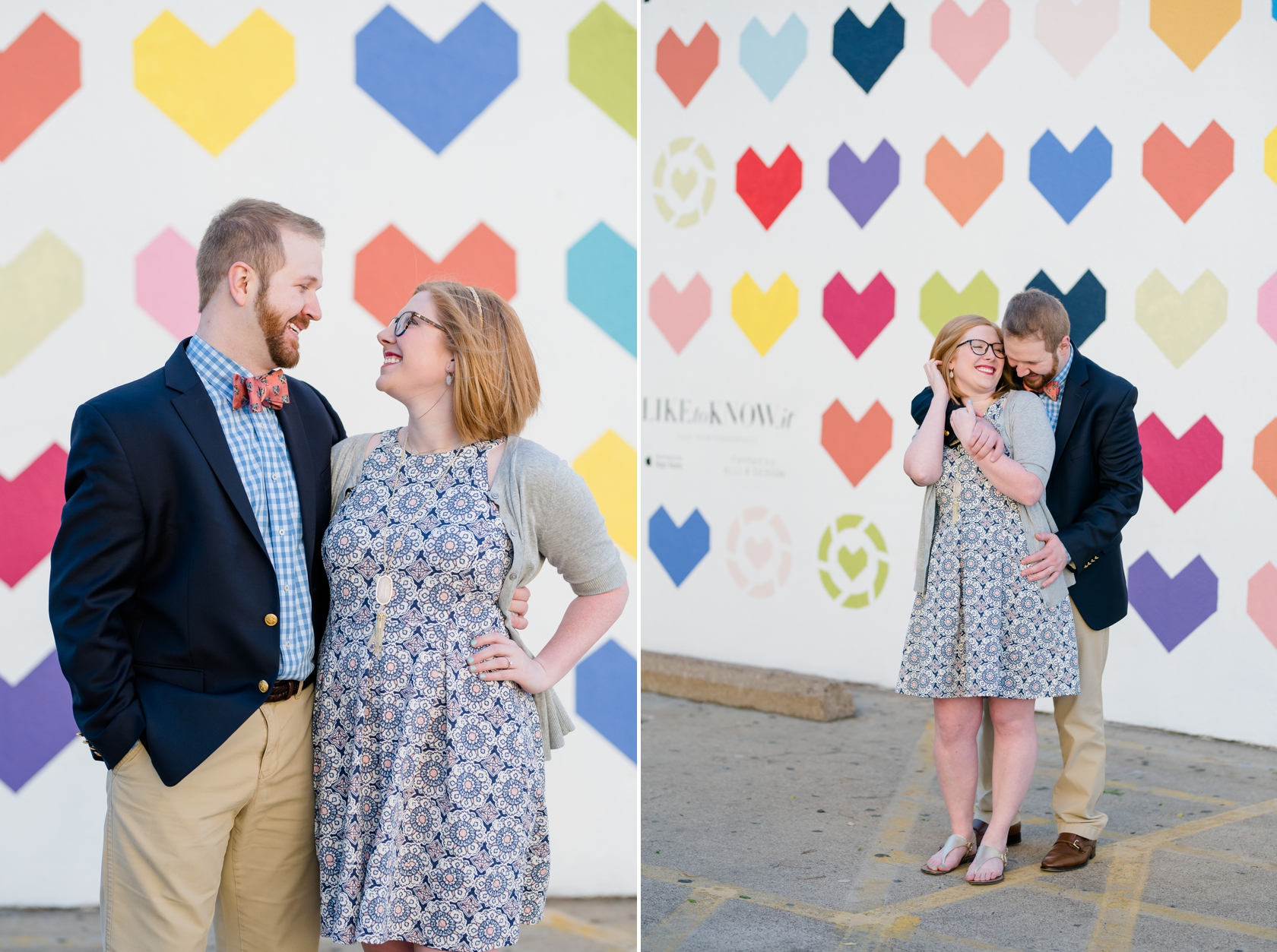 Engaged couple embracing in front of heart mural in Uptown Dallas